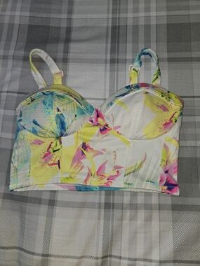 Nicki Minaj Floral Bustier Top in White, Yellow, Pink, Blue